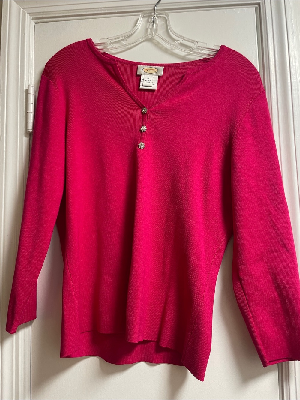 Talbots Hot Pink V-Neck Sweater with Rhinestone Buttons